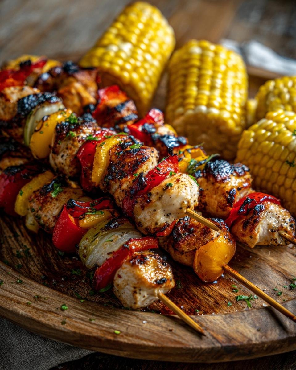 Gesunde Hähnchenspieße mit Paprika und Zwiebeln, serviert mit gegrilltem Mais, als Teil der 10 gesunden Rezepte für den 4. Juli.