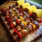 Gesunde H&auml;hnchenspie&szlig;e mit Paprika und Maiskolben, perfekt f&uuml;r den 4. Juli.