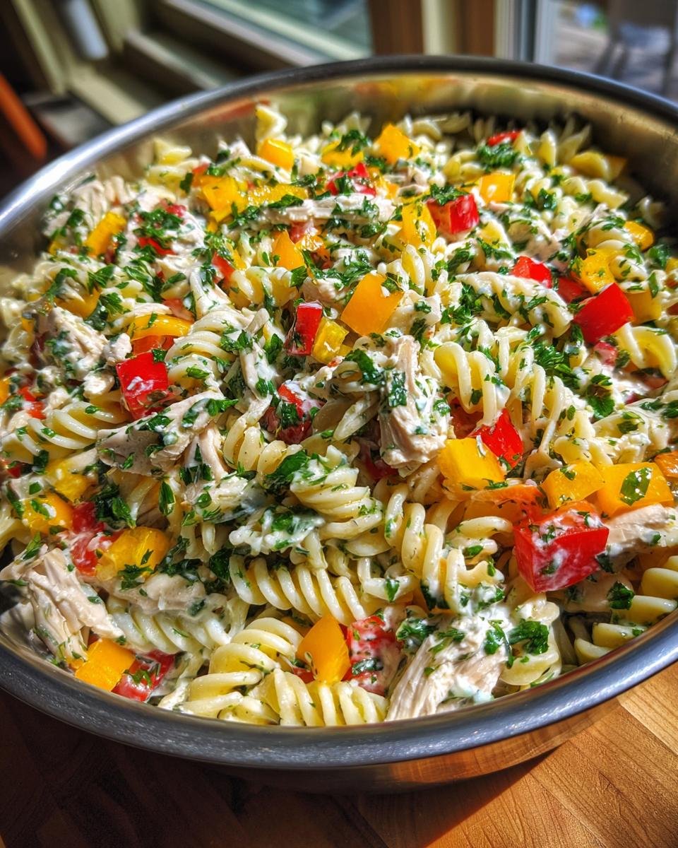 Nahaufnahme eines gesunden H&auml;hnchen-Nudel-Salats mit bunten Paprikaw&uuml;rfeln und frischer Petersilie.