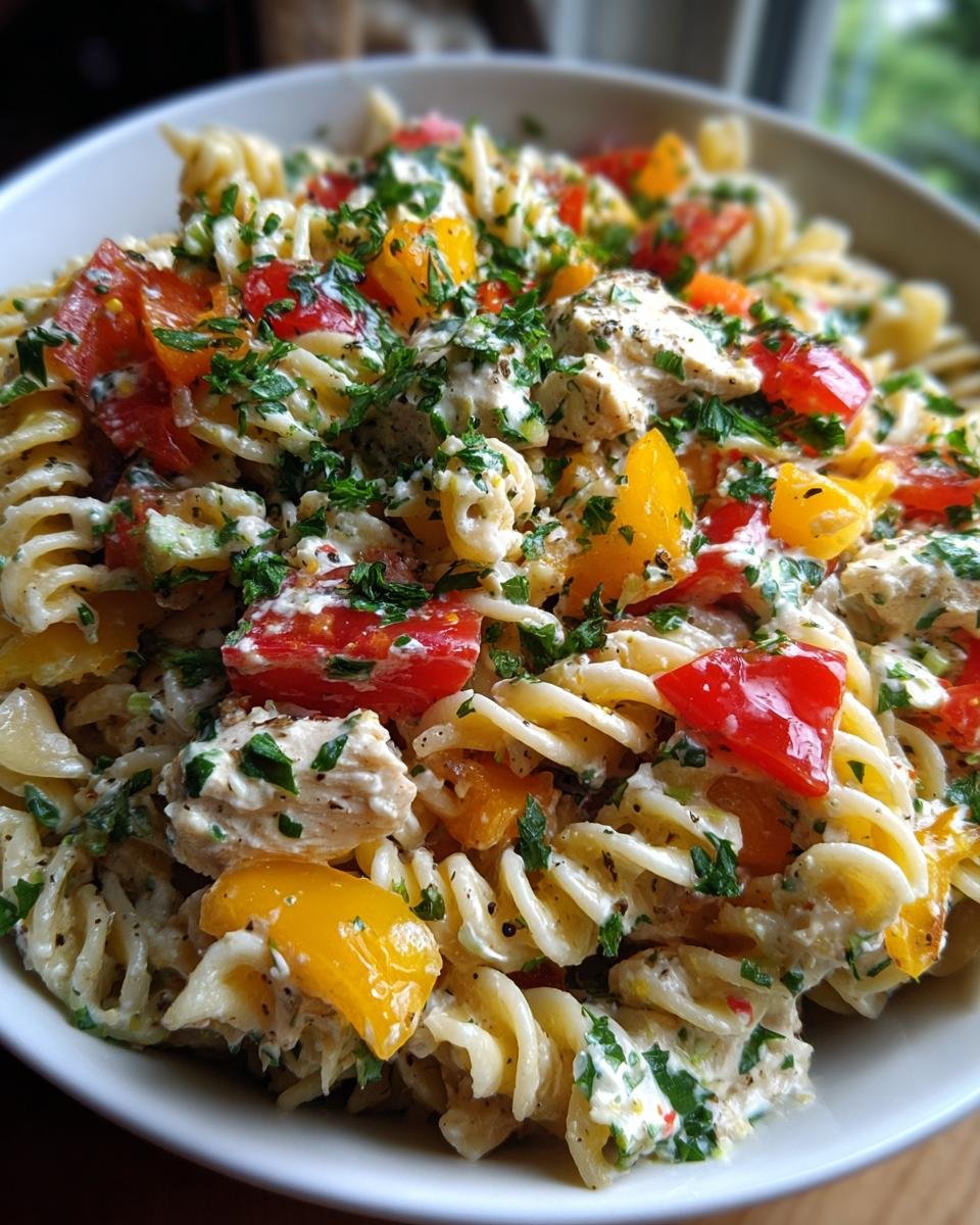 Nahaufnahme eines gesunden H&auml;hnchen-Nudel-Salats mit Fusilli-Nudeln, H&auml;hnchenst&uuml;cken, roten und gelben Paprikaw&uuml;rfeln und frischer Petersilie.
