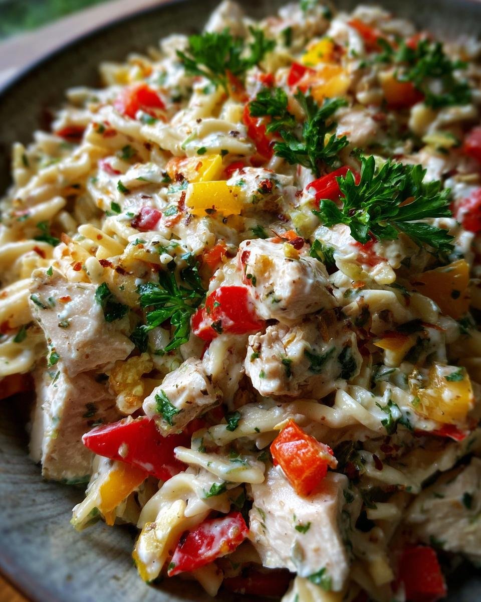 Nahaufnahme eines gesunden H&auml;hnchen-Nudel-Salats mit gew&uuml;rfeltem H&auml;hnchenfleisch, bunten Paprikast&uuml;cken und frischer Petersilie.