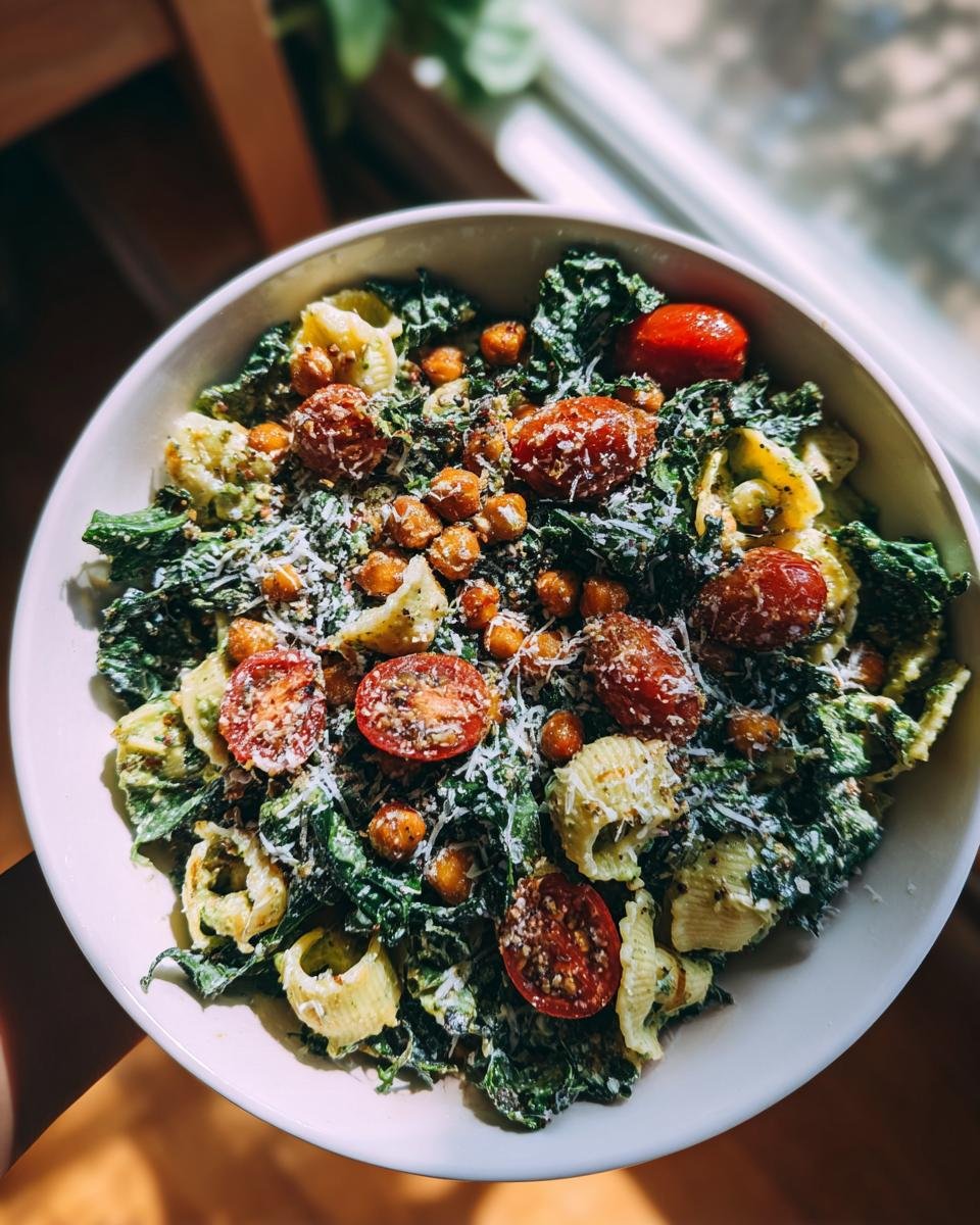 Sch&uuml;ssel mit gesundem Kale Caesar Pasta Salat mit Kichererbsen, Kirschtomaten und Parmesan.