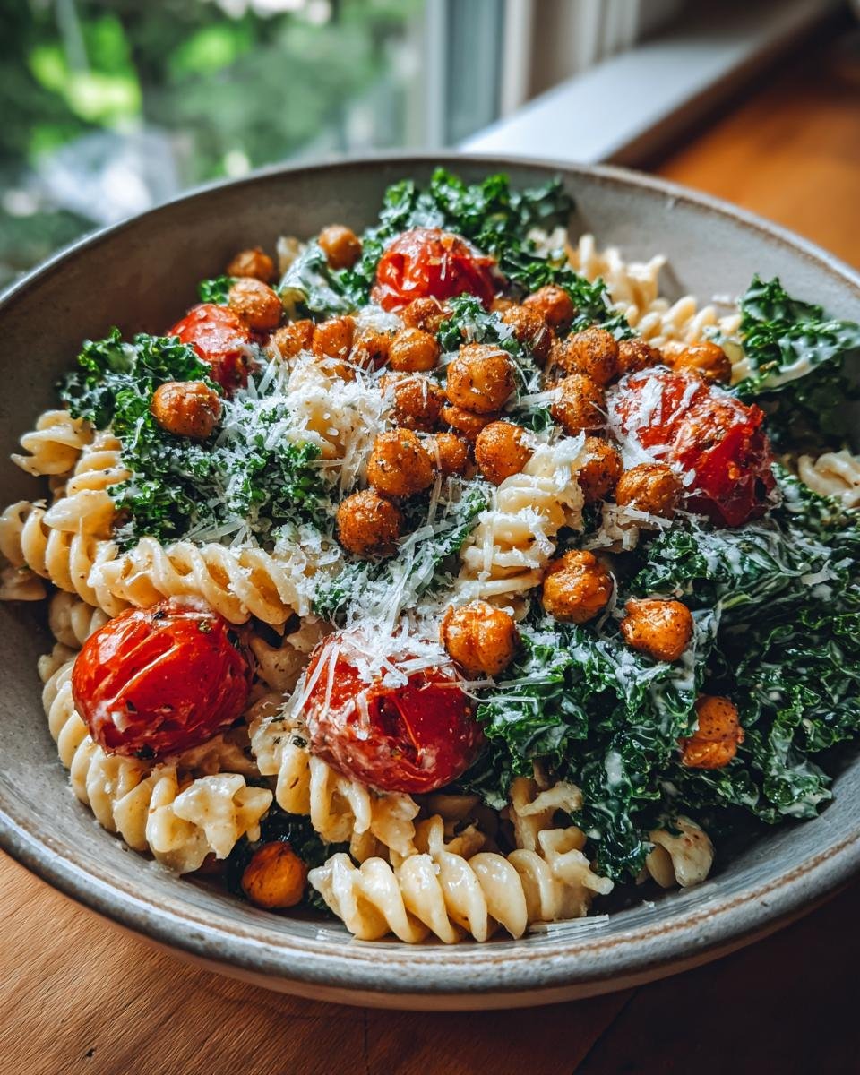 Nahaufnahme eines gesunden Kale Caesar Pasta Salats mit Twist, garniert mit ger&ouml;steten Kichererbsen und Kirschtomaten.