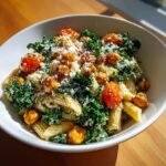 Nahaufnahme eines gesunden Kale Caesar Pasta Salats mit Kirschtomaten und ger&ouml;steten Kichererbsen.
