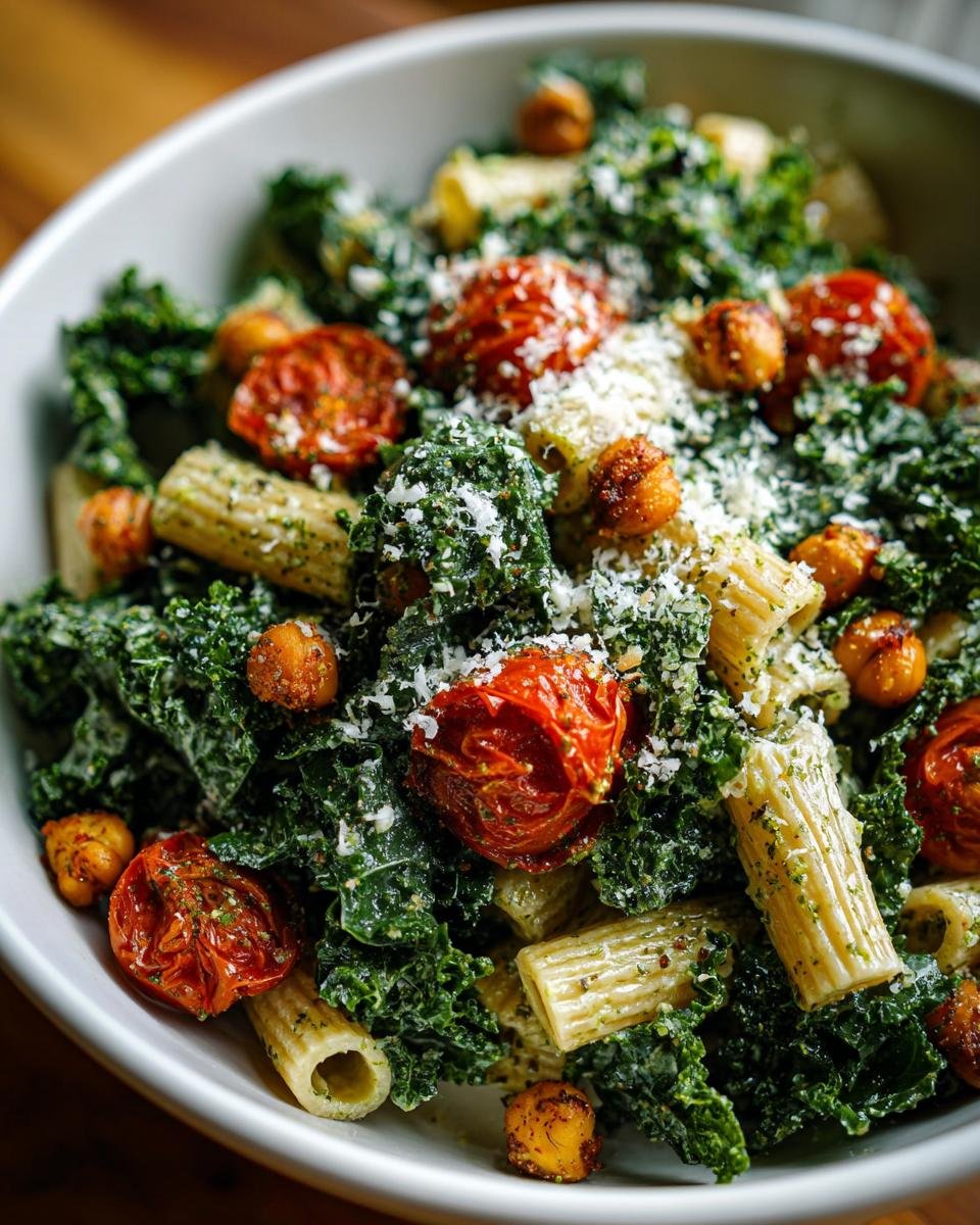 Gesunder Kale Caesar Pasta Salat mit ger&ouml;steten Kirschtomaten und Kichererbsen, bestreut mit Parmesan.