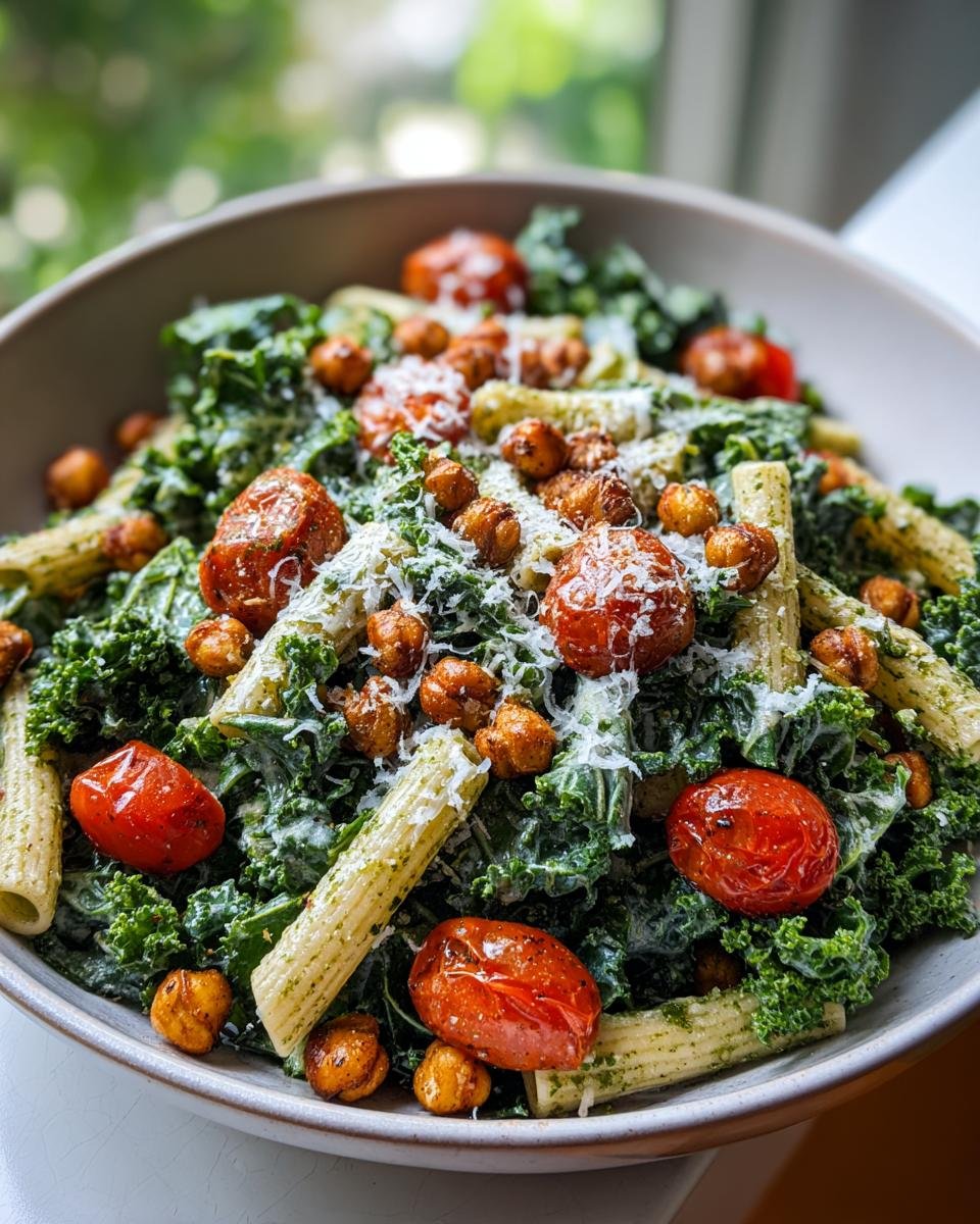 Nahaufnahme eines gesunden Kale Caesar Pasta Salats mit ger&ouml;steten Kichererbsen und Kirschtomaten.