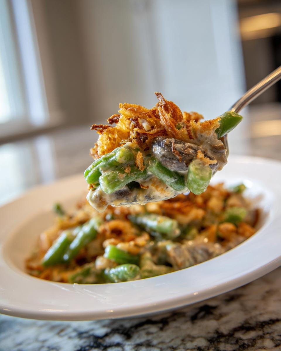 Ein L&ouml;ffel mit cremigem Green Bean Casserole, bedeckt mit knusprigen R&ouml;stzwiebeln, wird &uuml;ber einer Sch&uuml;ssel gehalten.