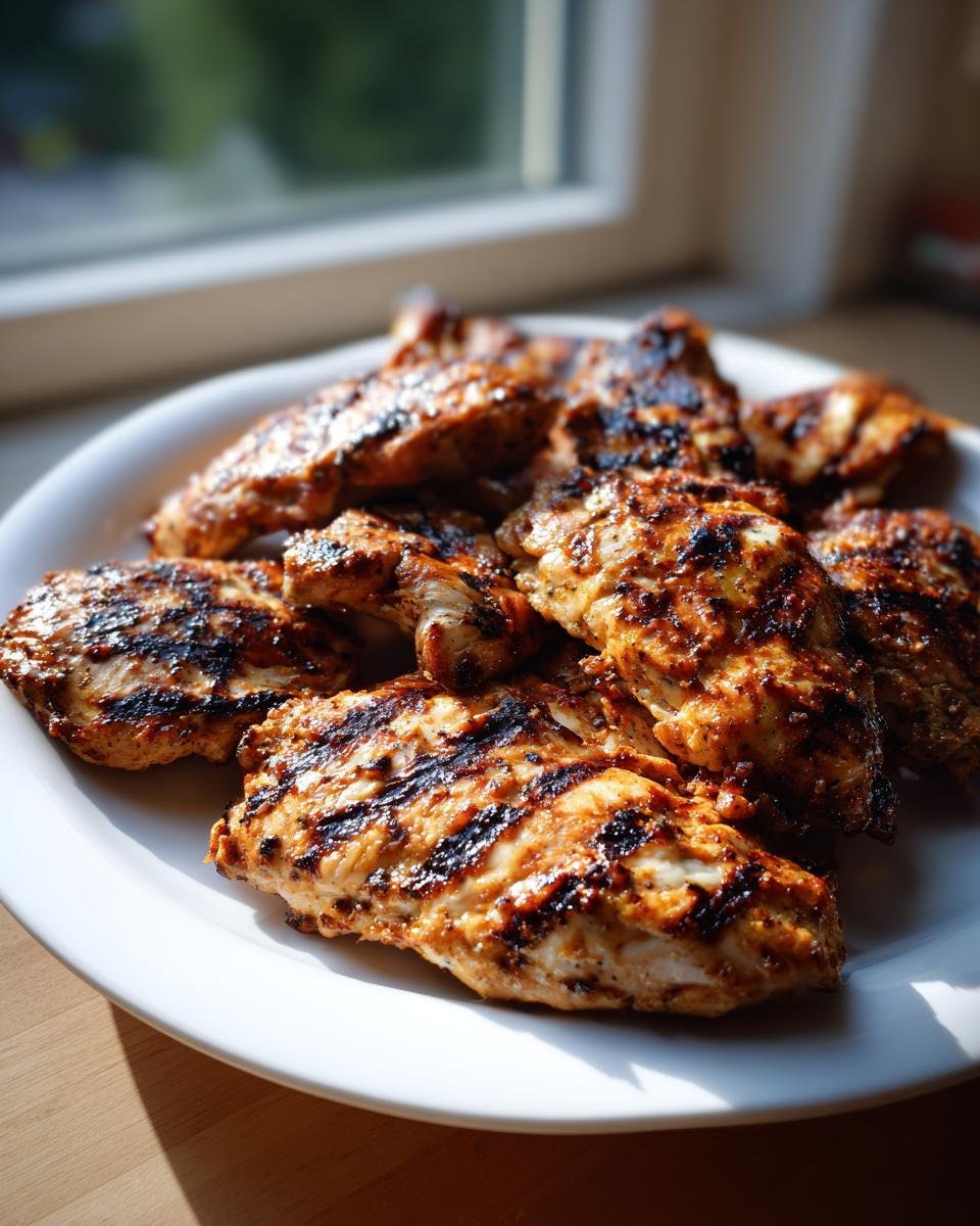 Ein Teller mit saftigem, gegrilltem griechisch mariniertem H&auml;hnchen, mit deutlichen Grillstreifen.