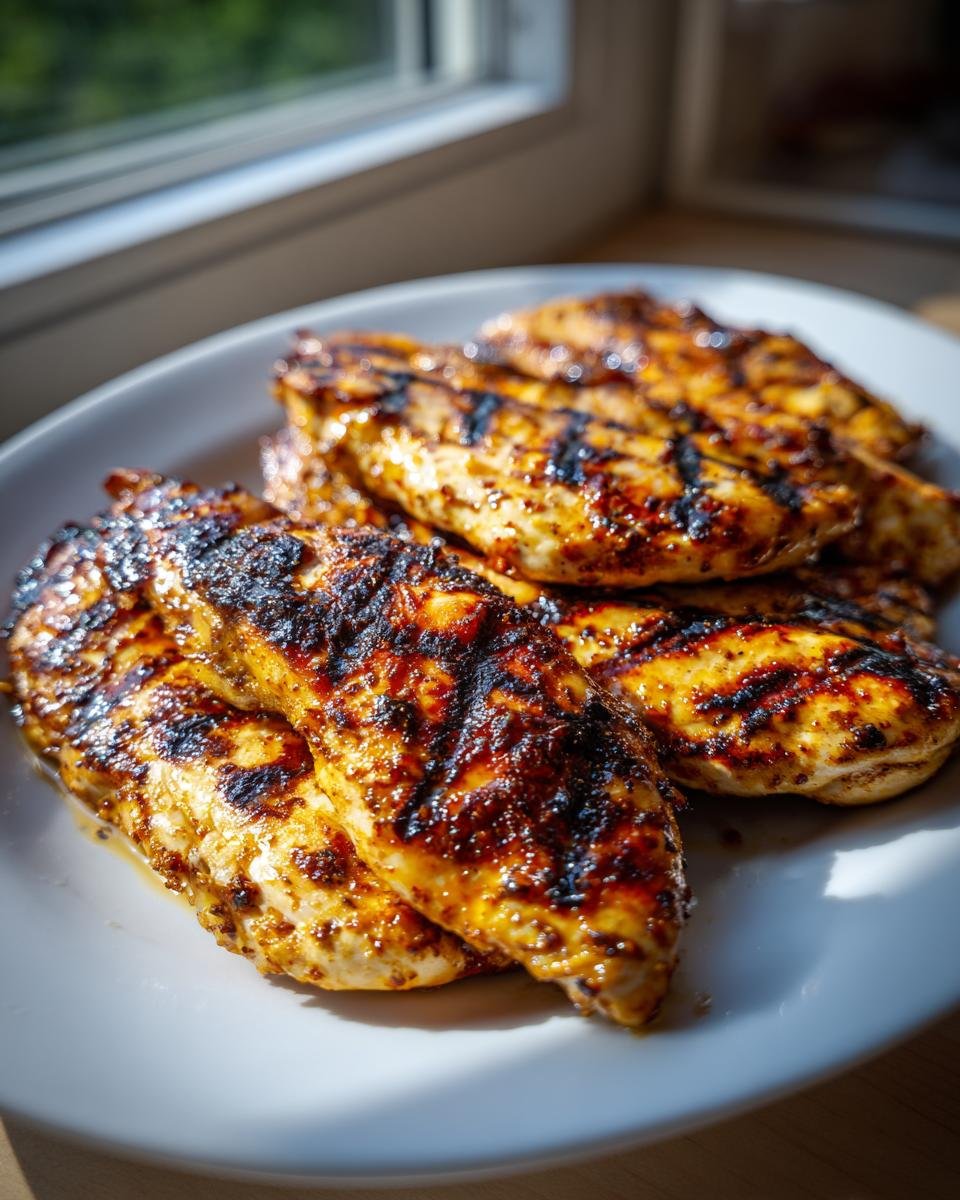 Nahaufnahme von gegrillten H&auml;hnchenbrustfilets, mariniert und mit Grillstreifen, auf einem wei&szlig;en Teller.
