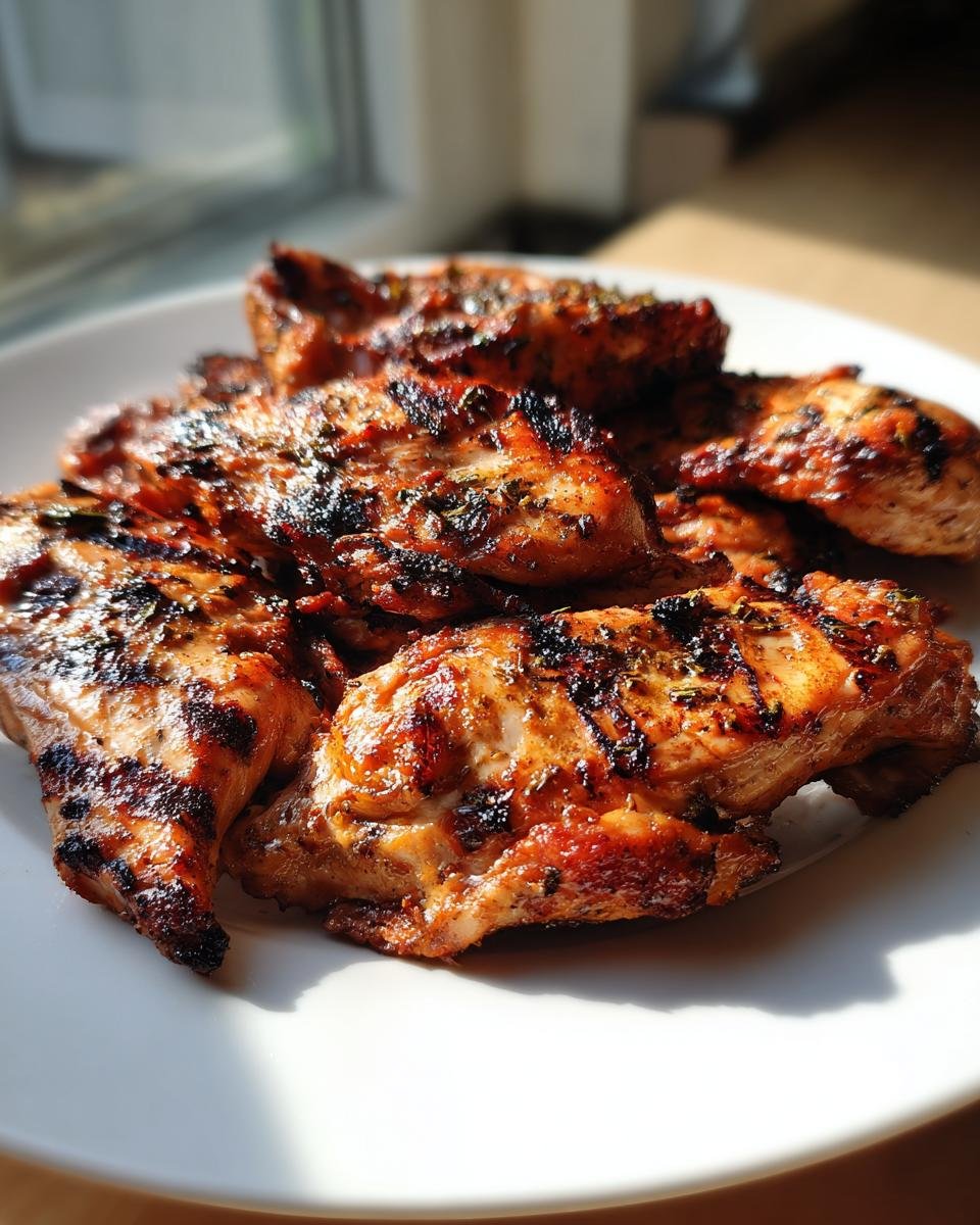 Nahaufnahme von gegrilltem griechisch mariniertem H&auml;hnchen auf einem wei&szlig;en Teller.