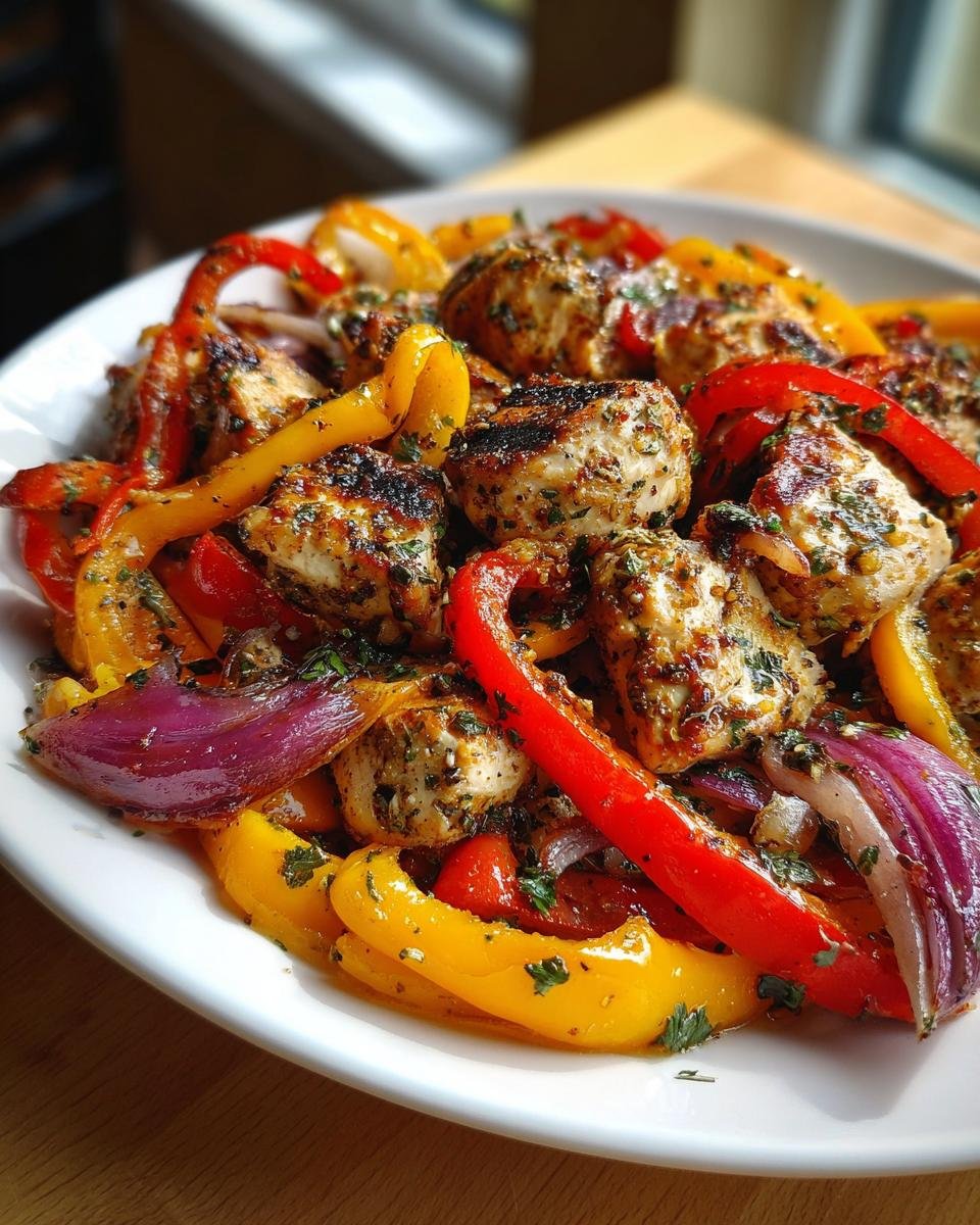 Griechische H&auml;hnchen-Paprika-Pfanne mit gegrilltem H&auml;hnchen, bunten Paprika und roten Zwiebeln, garniert mit Kr&auml;utern.