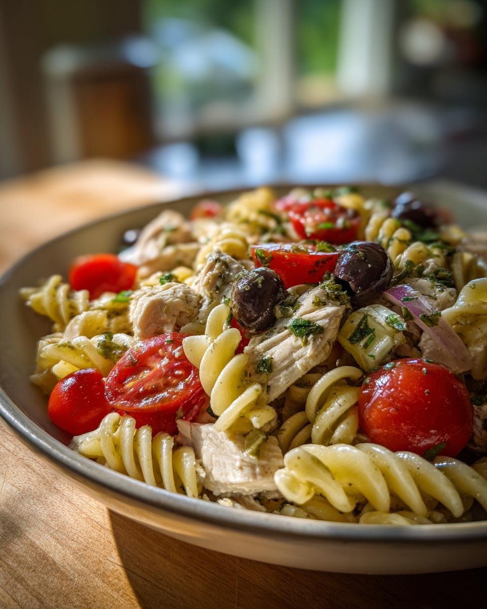 Nahaufnahme eines griechischen H&auml;hnchen-Nudel-Salats mit Fusilli-Nudeln, H&auml;hnchenbrust, Kirschtomaten und schwarzen Oliven.
