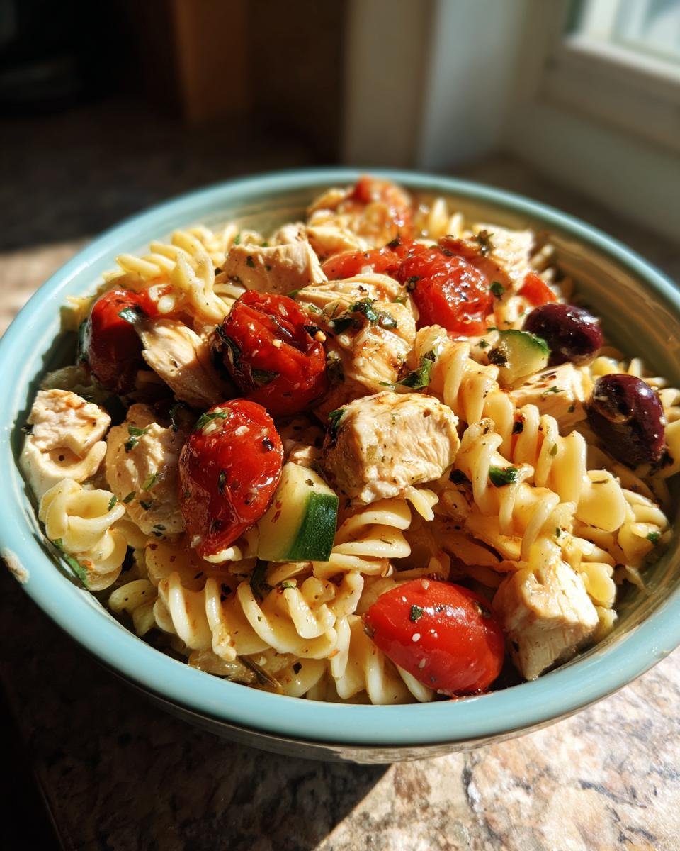 Griechischer H&auml;hnchen-Nudel-Salat mit Fusilli-Nudeln, H&auml;hnchenst&uuml;cken, Kirschtomaten, Zucchini und Oliven.