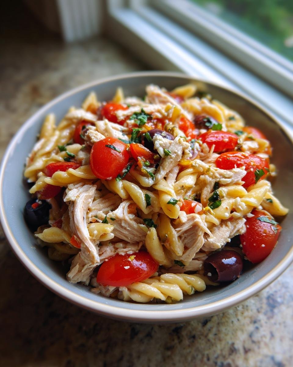 Griechischer H&auml;hnchen-Nudel-Salat mit Kirschtomaten, Oliven und Kr&auml;utern in einer Sch&uuml;ssel.