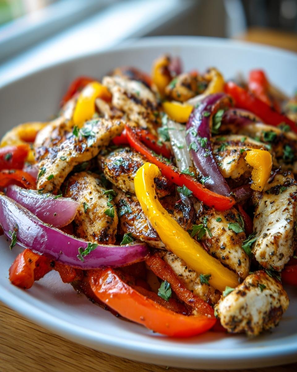 Griechisches H&auml;hnchen mit Paprika und Zwiebeln, garniert mit Petersilie.