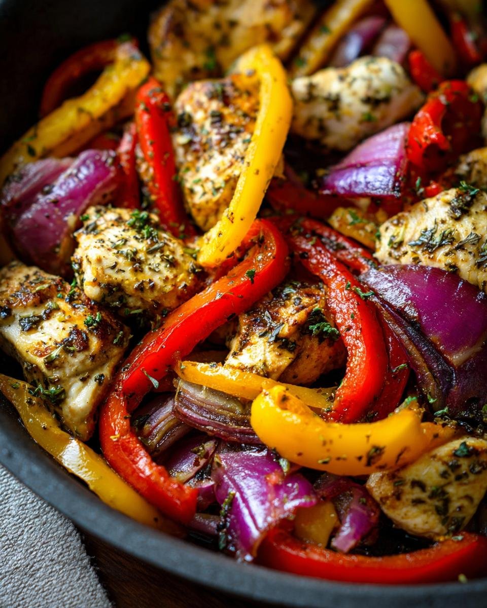 Nahaufnahme von griechischem H&auml;hnchen mit roten, gelben Paprika und roten Zwiebeln, gew&uuml;rzt mit Kr&auml;utern.