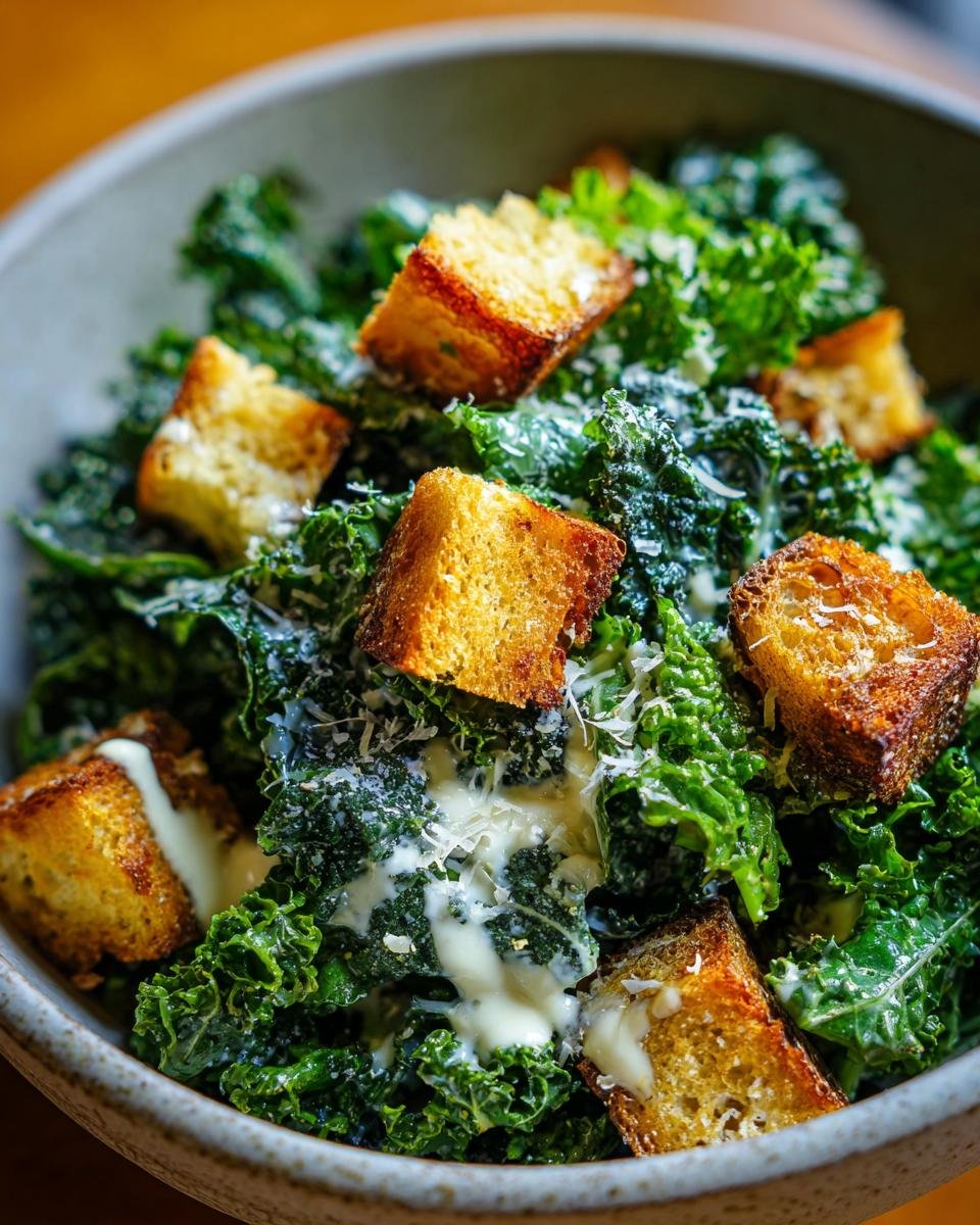 Nahaufnahme eines Sch&uuml;ssel mit Gr&uuml;nkohl-Caesar-Salat, garniert mit Croutons und Parmesan.