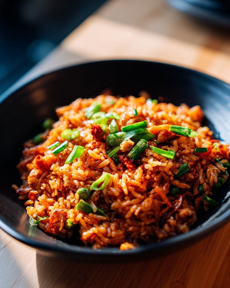 Nahaufnahme von H&auml;hnchenreis, garniert mit Fr&uuml;hlingszwiebeln, in einer schwarzen Sch&uuml;ssel.