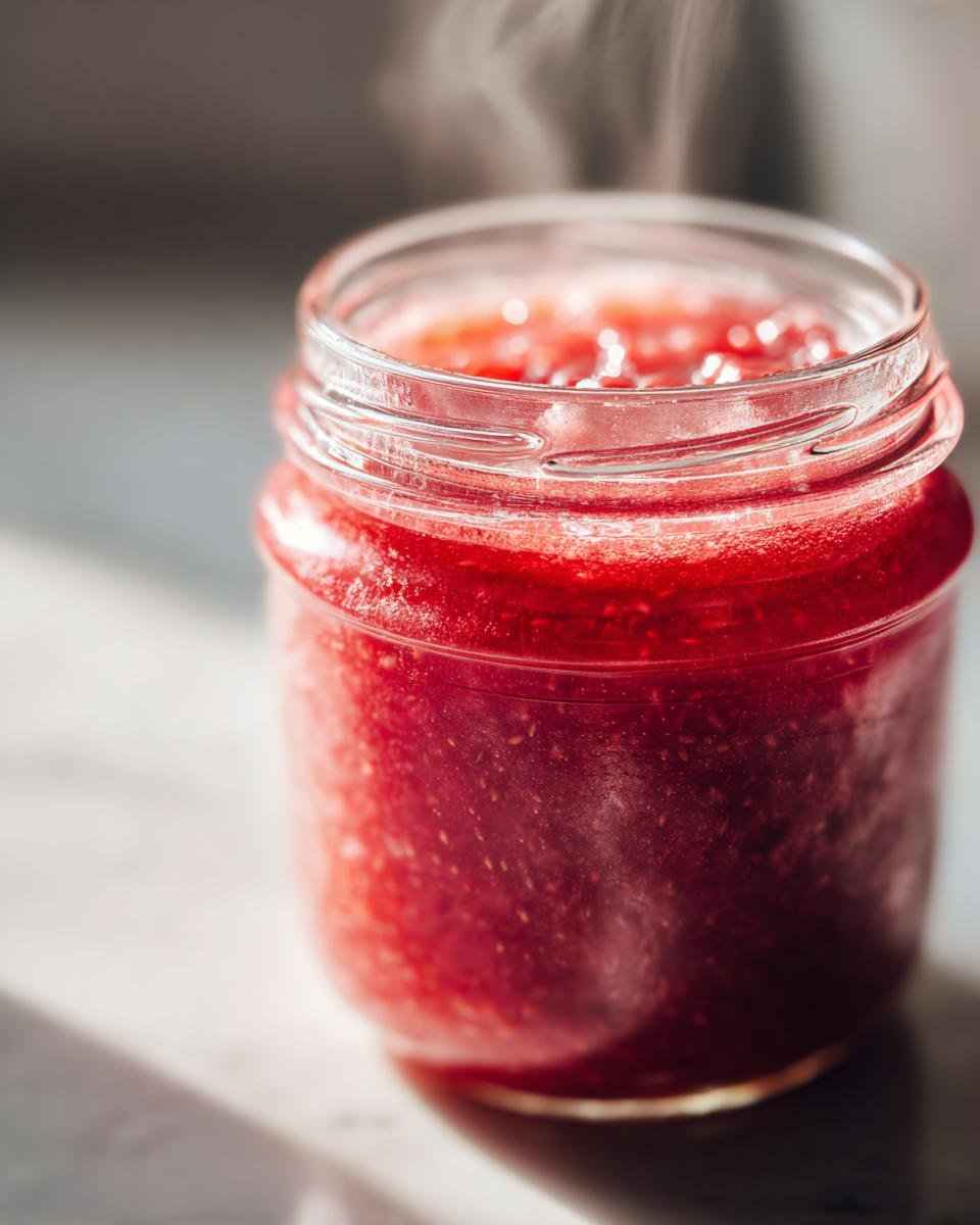 Nahaufnahme eines Glases mit frisch gekochter, dampfender Erdbeer-Rhabarber-Marmelade.
