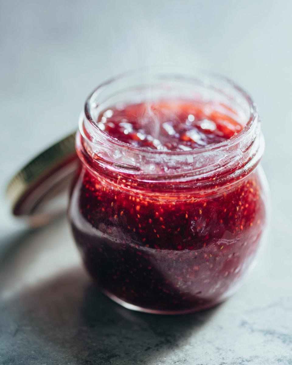 Nahaufnahme eines Glases mit dampfender, hausgemachter Erdbeer-Rhabarber-Marmelade.