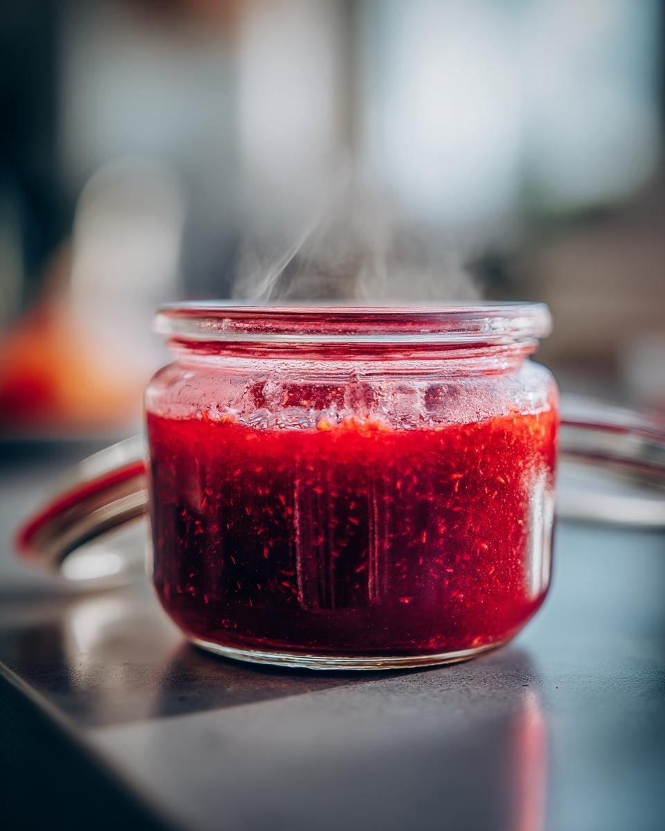 Ein Glas mit dampfender, hausgemachter Erdbeer-Rhabarber-Marmelade.