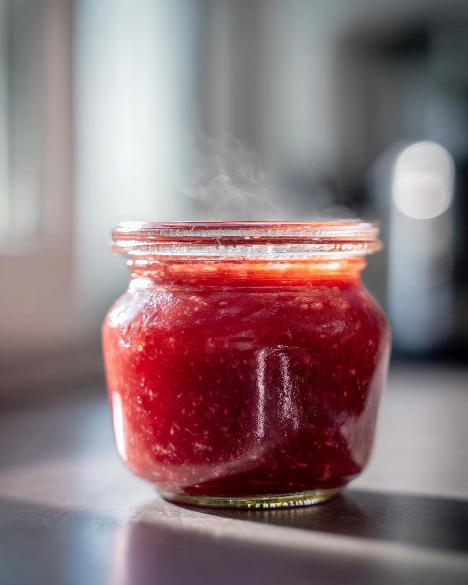 Ein Glas mit dampfender, hausgemachter Erdbeer-Rhabarber-Marmelade, frisch zubereitet.