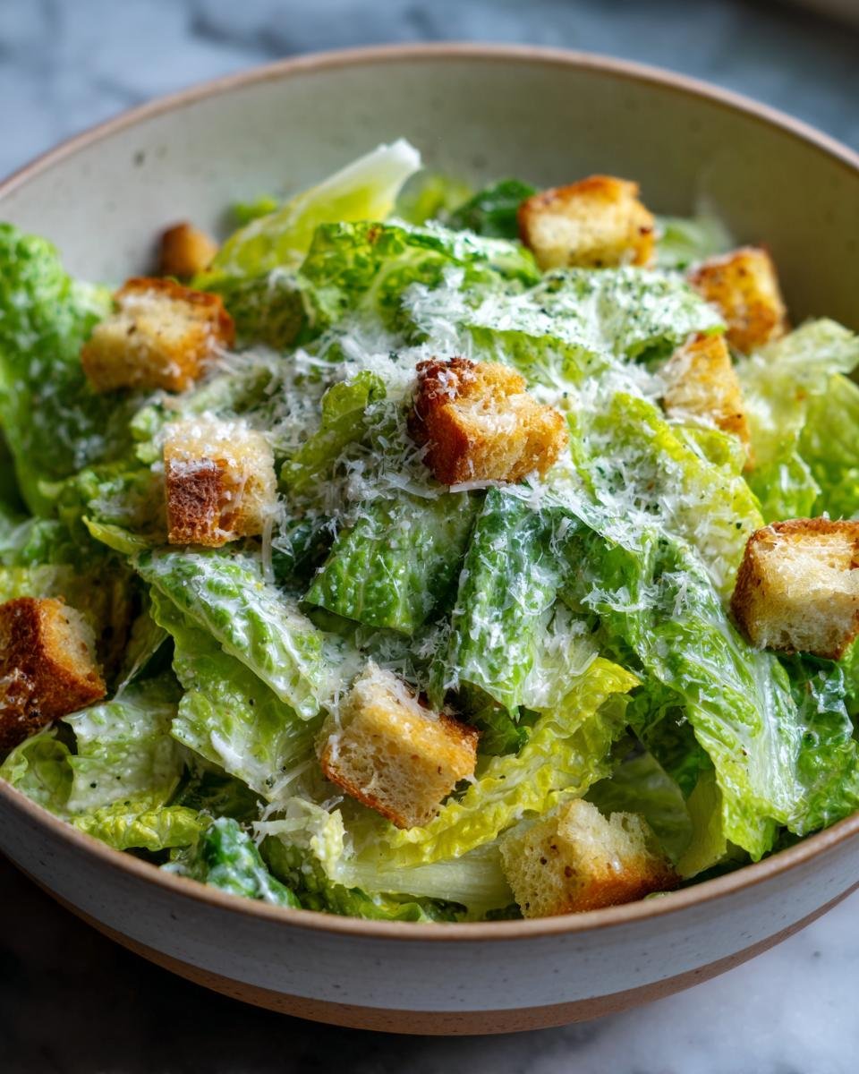 Nahaufnahme eines hausgemachten Caesar Salats mit Croutons und Parmesan.