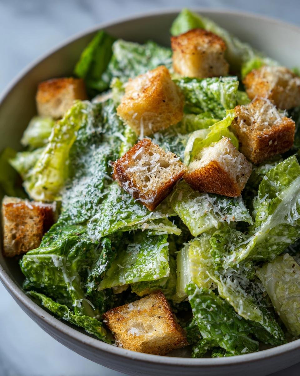 Nahaufnahme eines hausgemachten Caesar Salats mit R&ouml;mersalat, Croutons und Parmesan.