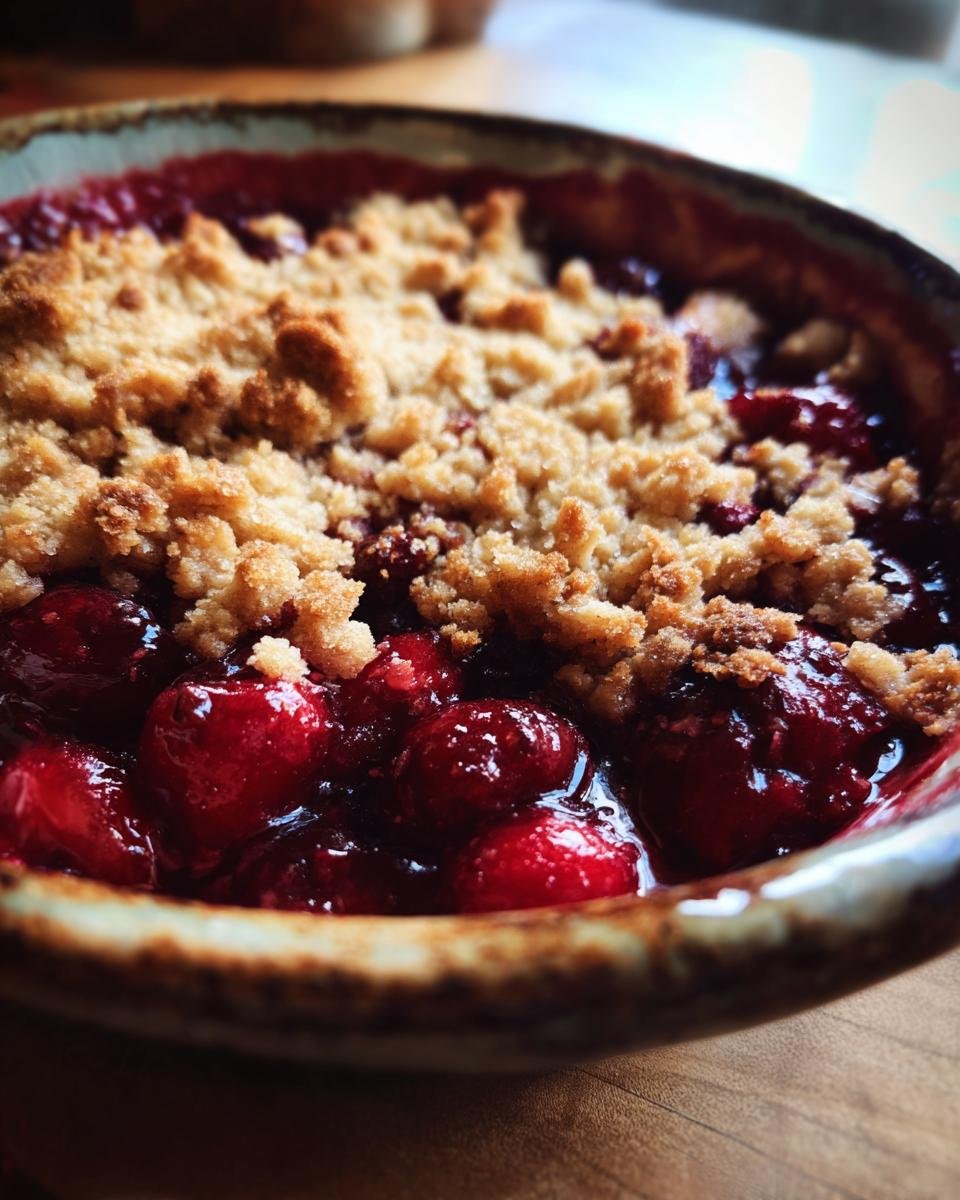 Nahaufnahme eines hausgemachten Kirsch Crumble mit saftigen Kirschen und knuspriger Streuselhaube.