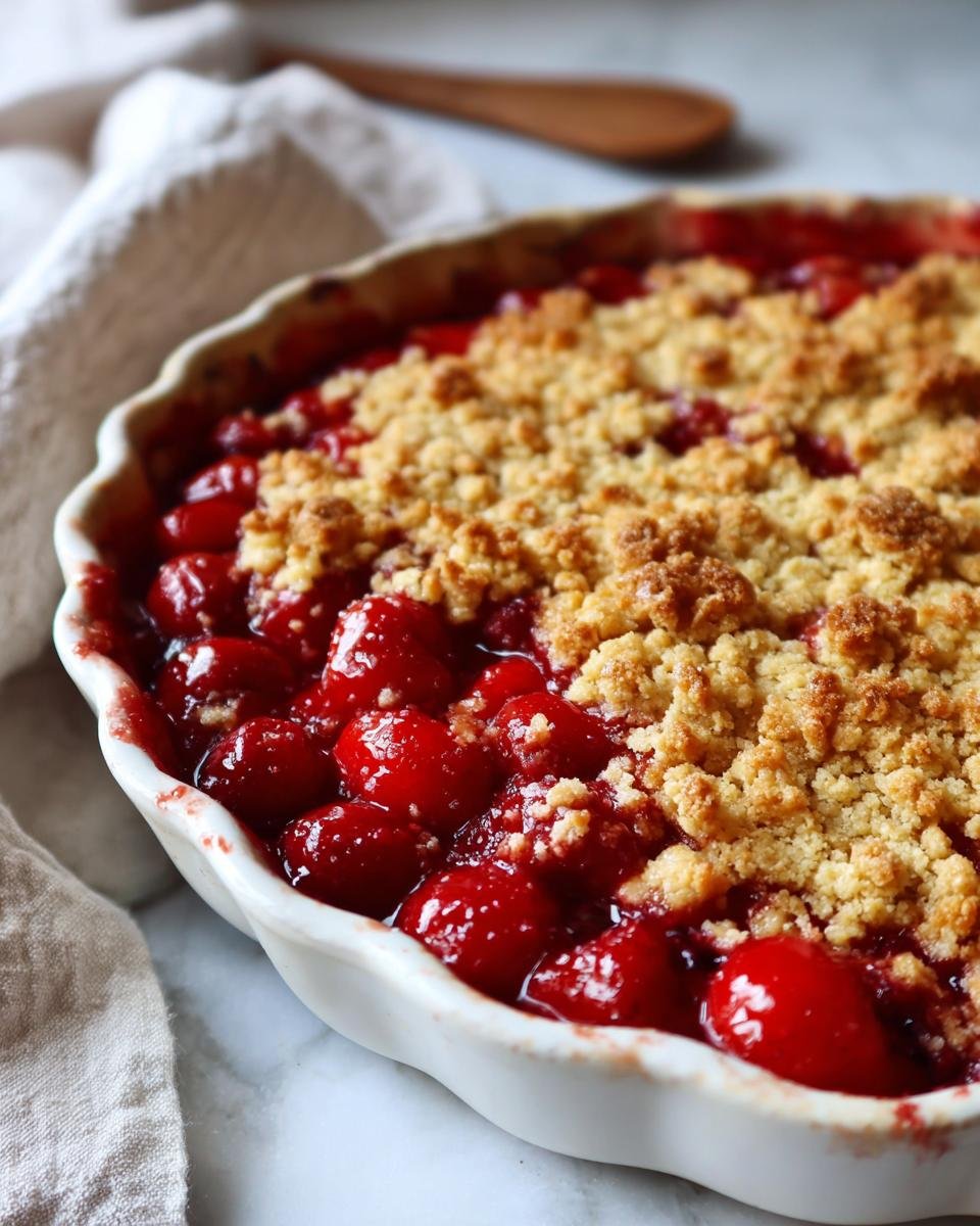 Nahaufnahme eines hausgemachten Kirsch Crumble in einer wei&szlig;en Auflaufform, mit saftigen Kirschen und knuspriger Streuseldecke.