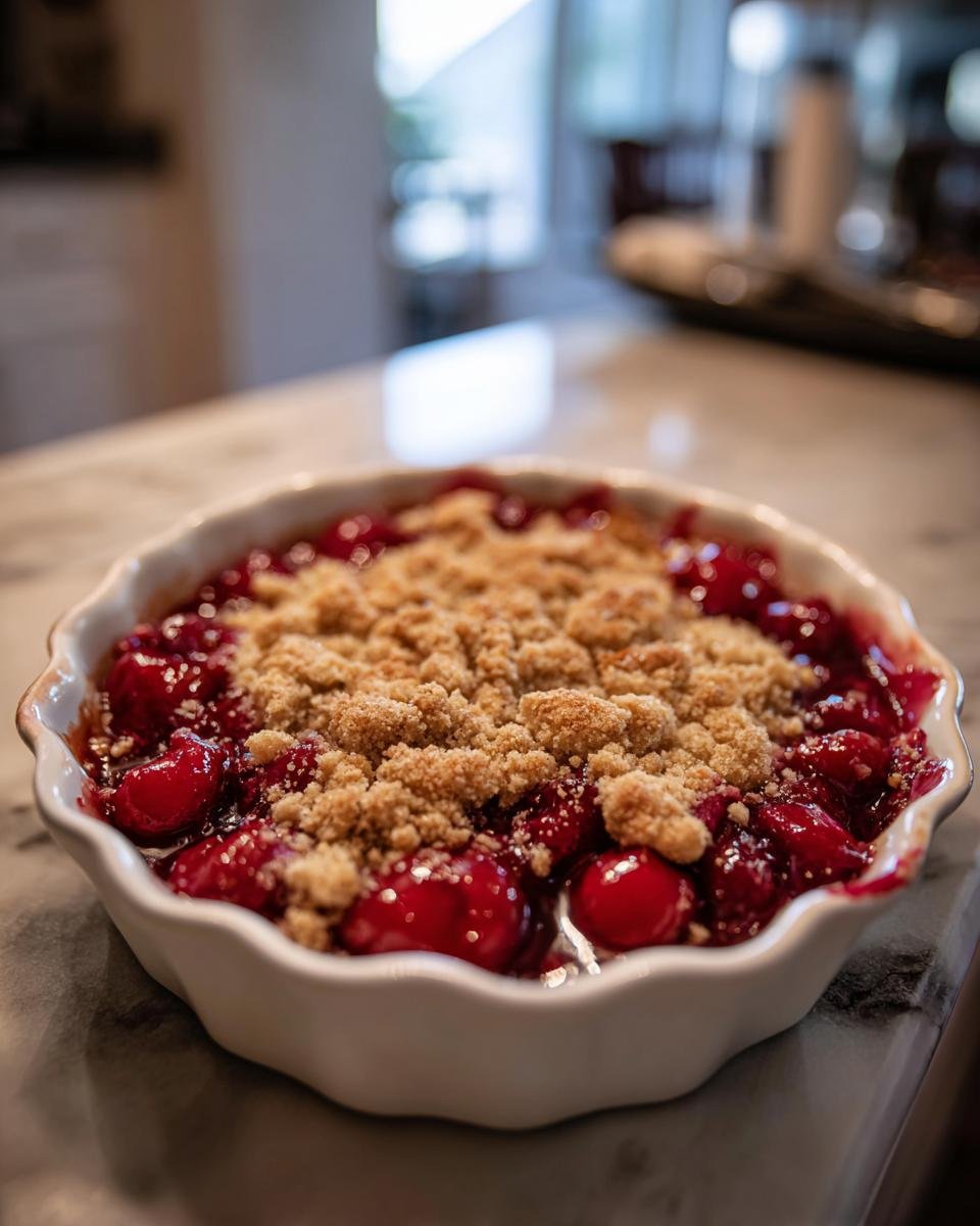 Hausgemachter Kirsch Crumble: Ein k&ouml;stlicher Genuss, frisch gebacken in einer wei&szlig;en Auflaufform.