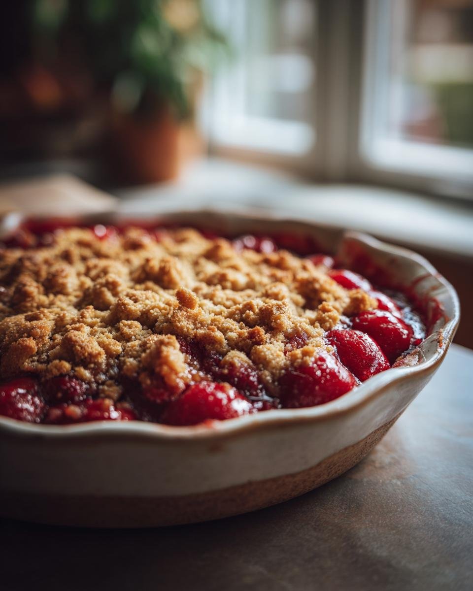 Nahaufnahme eines hausgemachten Kirsch Crumble mit knuspriger Streuseldecke und saftigen Kirschen.