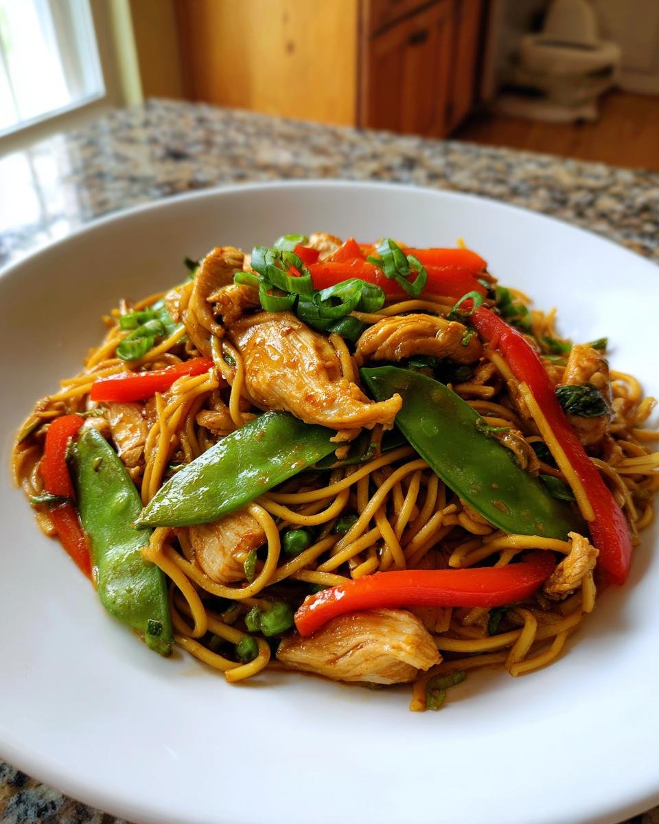 Nahaufnahme von hausgemachtem Chicken Lo Mein mit zarten H&uuml;hnerstreifen, Zuckerschoten und Paprika.