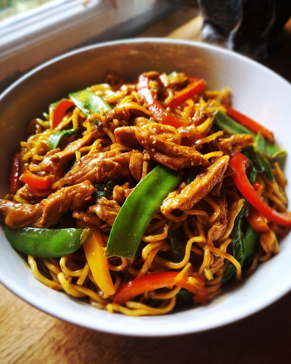 Nahaufnahme einer Sch&uuml;ssel mit hausgemachtem Chicken Lo Mein, Nudeln, H&uuml;hnchenstreifen, Zuckerschoten und Paprika.