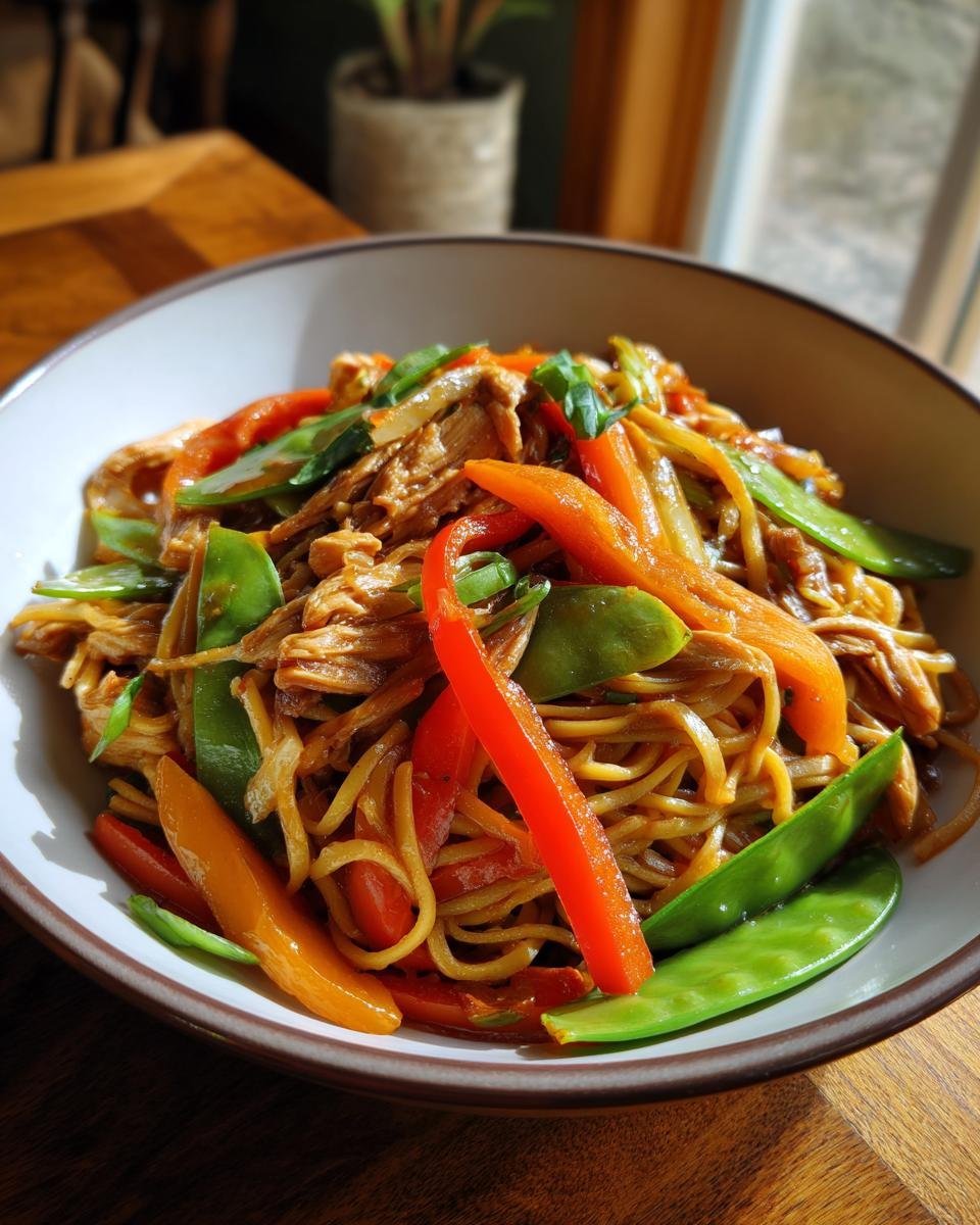 Nahaufnahme von hausgemachtem Chicken Lo Mein mit zarten Nudeln, saftigem H&uuml;hnchen, knackigen Zuckerschoten und Paprikastreifen.