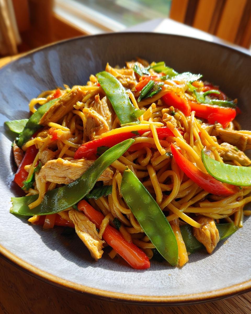 Sch&uuml;ssel mit hausgemachtem H&auml;hnchen Lo Mein, Nudeln, H&auml;hnchenstreifen, Zuckerschoten und Paprika.