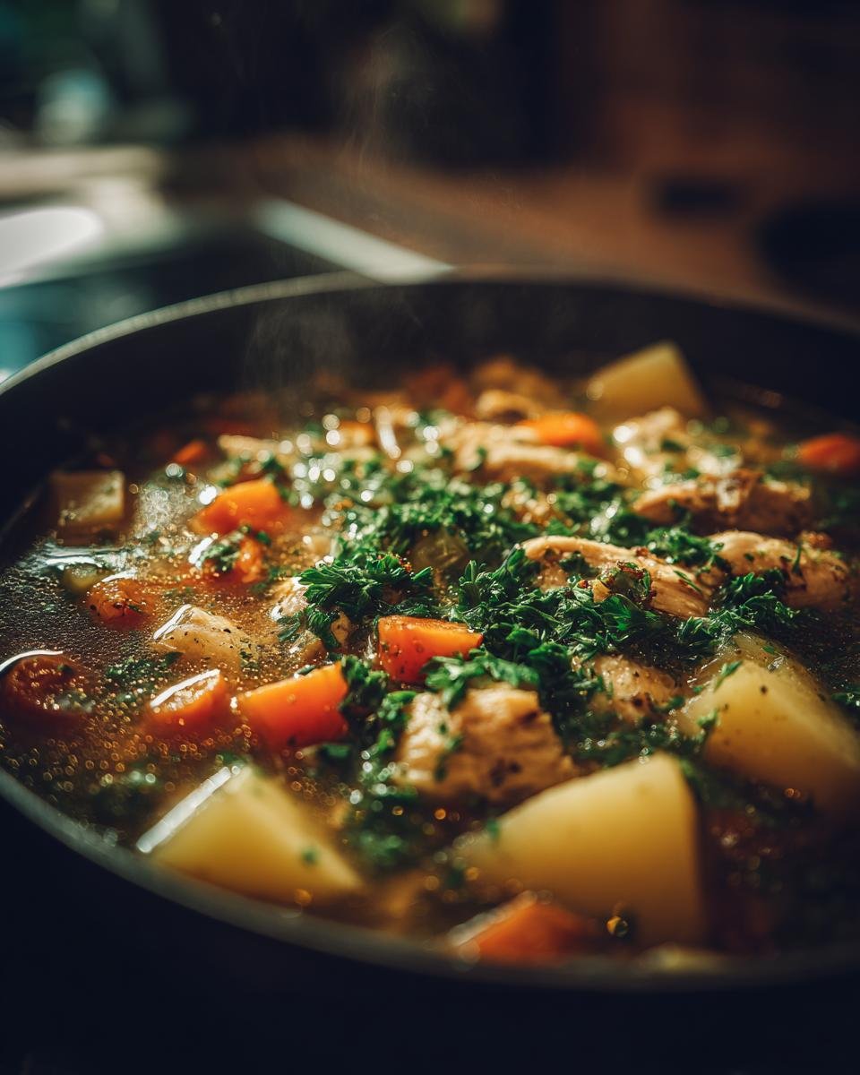 Nahaufnahme einer dampfenden herzhaften H&uuml;hnersuppe mit Kartoffeln, Karotten und frischer Petersilie.