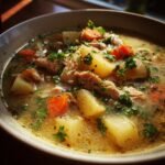 Eine Sch&uuml;ssel mit herzhafter H&uuml;hnersuppe mit Kartoffeln, Karotten und frischer Petersilie.