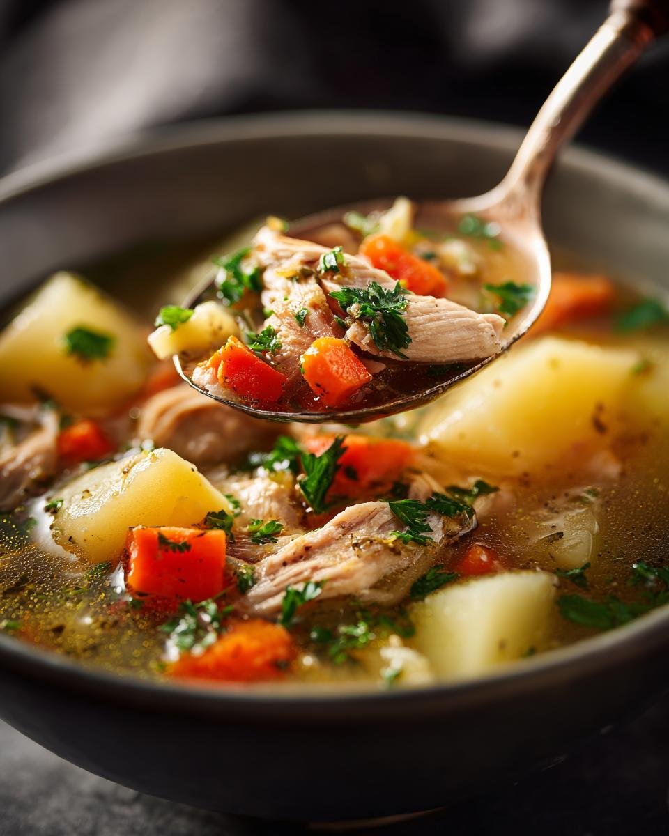 L&ouml;ffel mit herzhafter H&uuml;hnersuppe mit Kartoffeln, Karotten und H&uuml;hnerfleisch, garniert mit Petersilie.