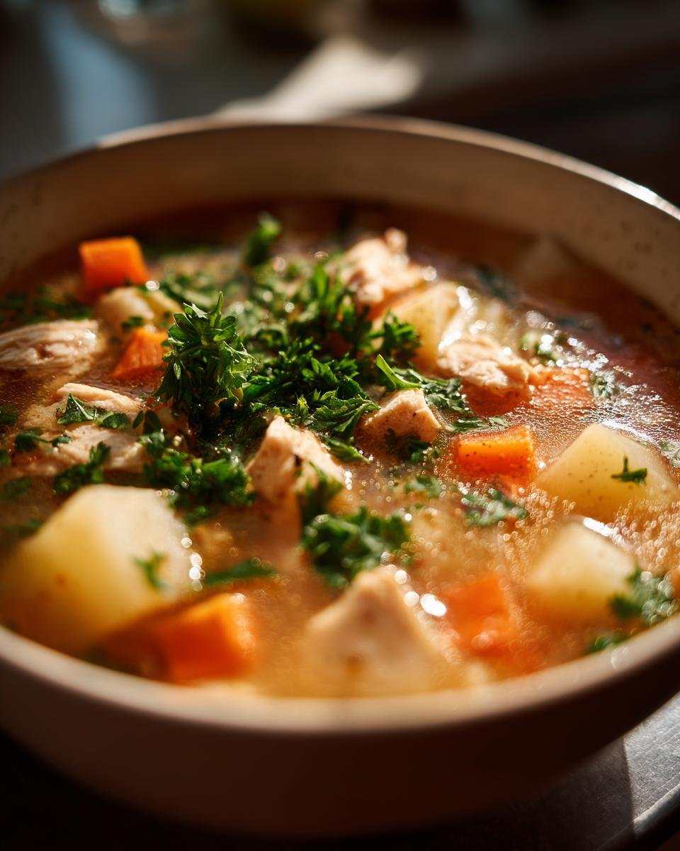 Eine Sch&uuml;ssel herzhafte H&uuml;hnersuppe mit Kartoffeln, Karotten und frischer Petersilie garniert.