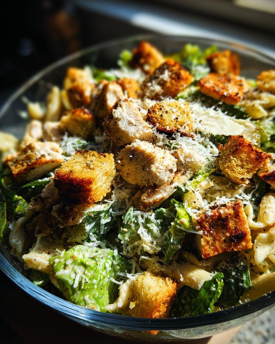 Nahaufnahme eines herzhaften Caesar Nudelsalats mit H&auml;hnchenst&uuml;cken, Croutons und Parmesan.