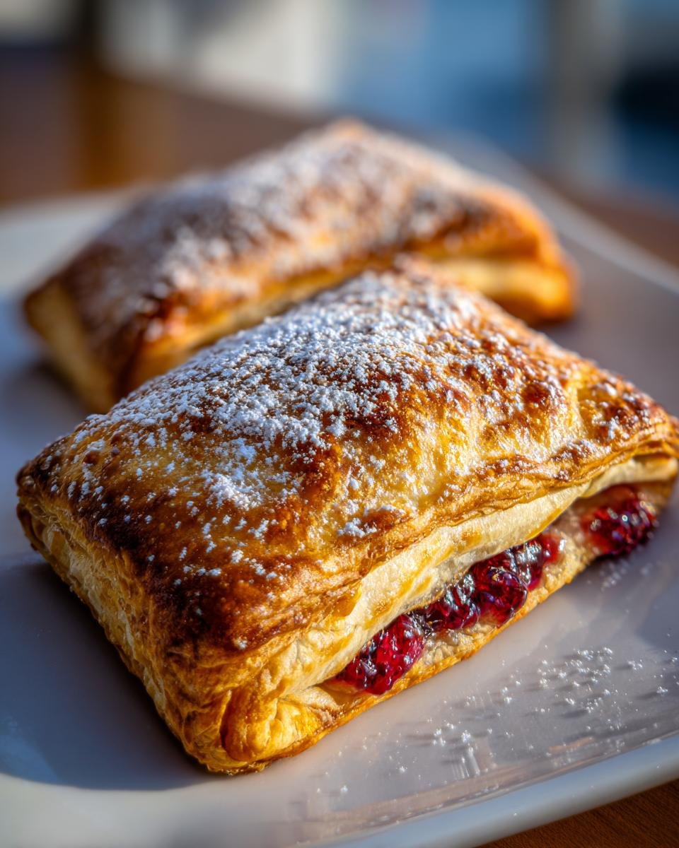 Nahaufnahme von zwei goldbraunen Himbeer-Bl&auml;tterteigtaschen, best&auml;ubt mit Puderzucker.