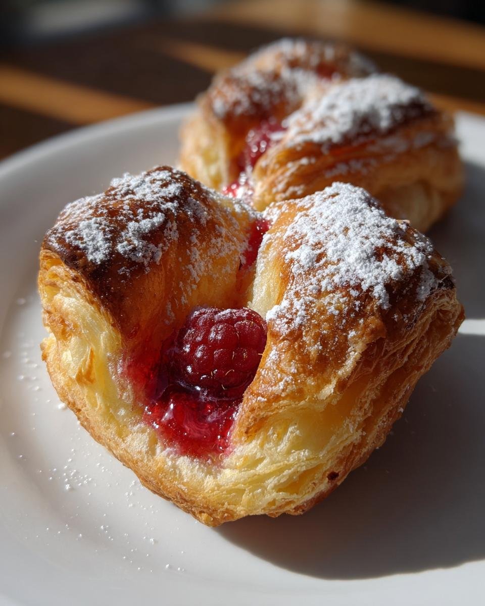 Nahaufnahme von goldbraunen Raspberry Jam Puff Pastries, best&auml;ubt mit Puderzucker und gef&uuml;llt mit Himbeermarmelade.