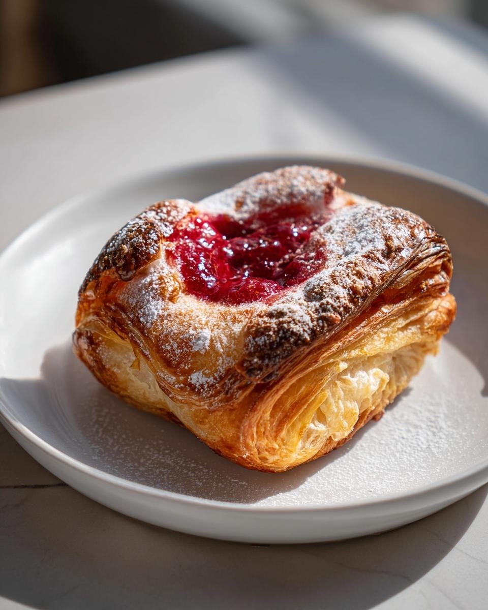 Ein einzelnes, goldbraun gebackenes Plunderteilchen mit Himbeermarmelade und Puderzucker.