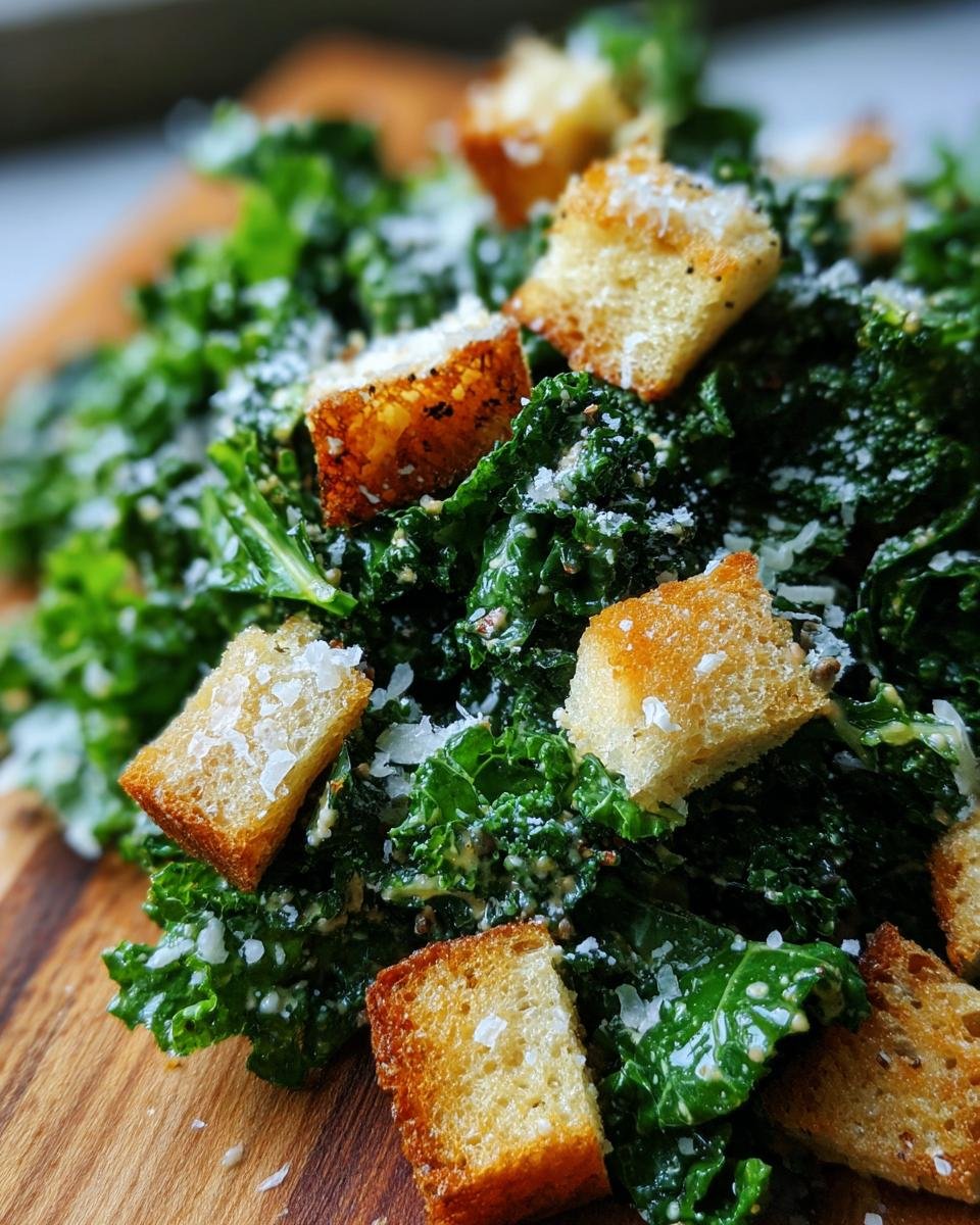 Nahaufnahme eines himmlischen Gr&uuml;nkohl-Caesar-Salats mit ger&ouml;steten Knoblauch-Cro&ucirc;tons und Parmesan.