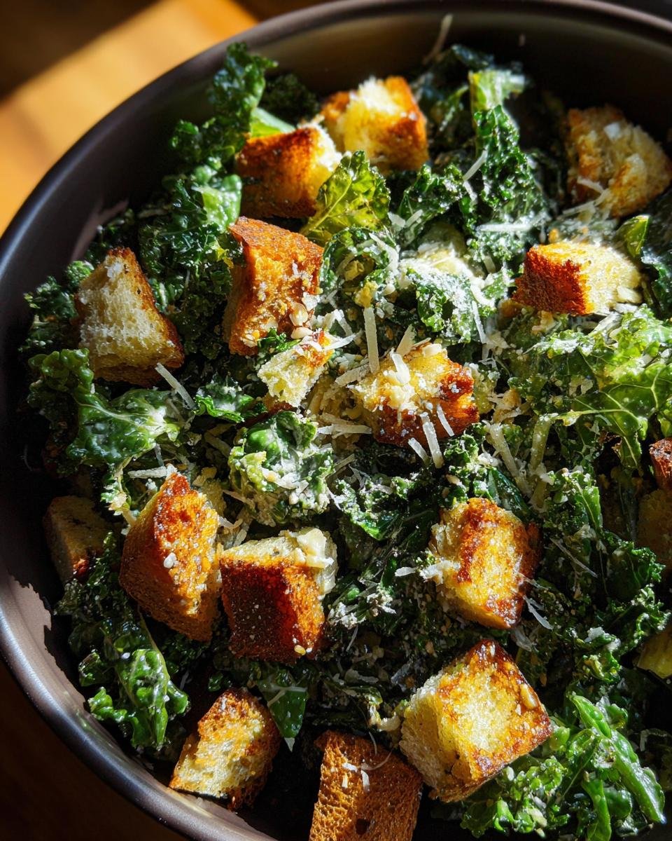 Nahaufnahme eines himmlischen Gr&uuml;nkohl-Caesar-Salats mit ger&ouml;stetem Knoblauch, Croutons und Parmesan.