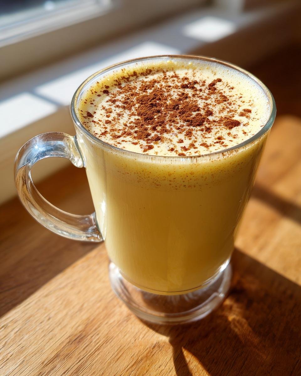 Nahaufnahme von Homemade Eggnog in einem Glasbecher, bestreut mit Zimt, im Sonnenlicht.