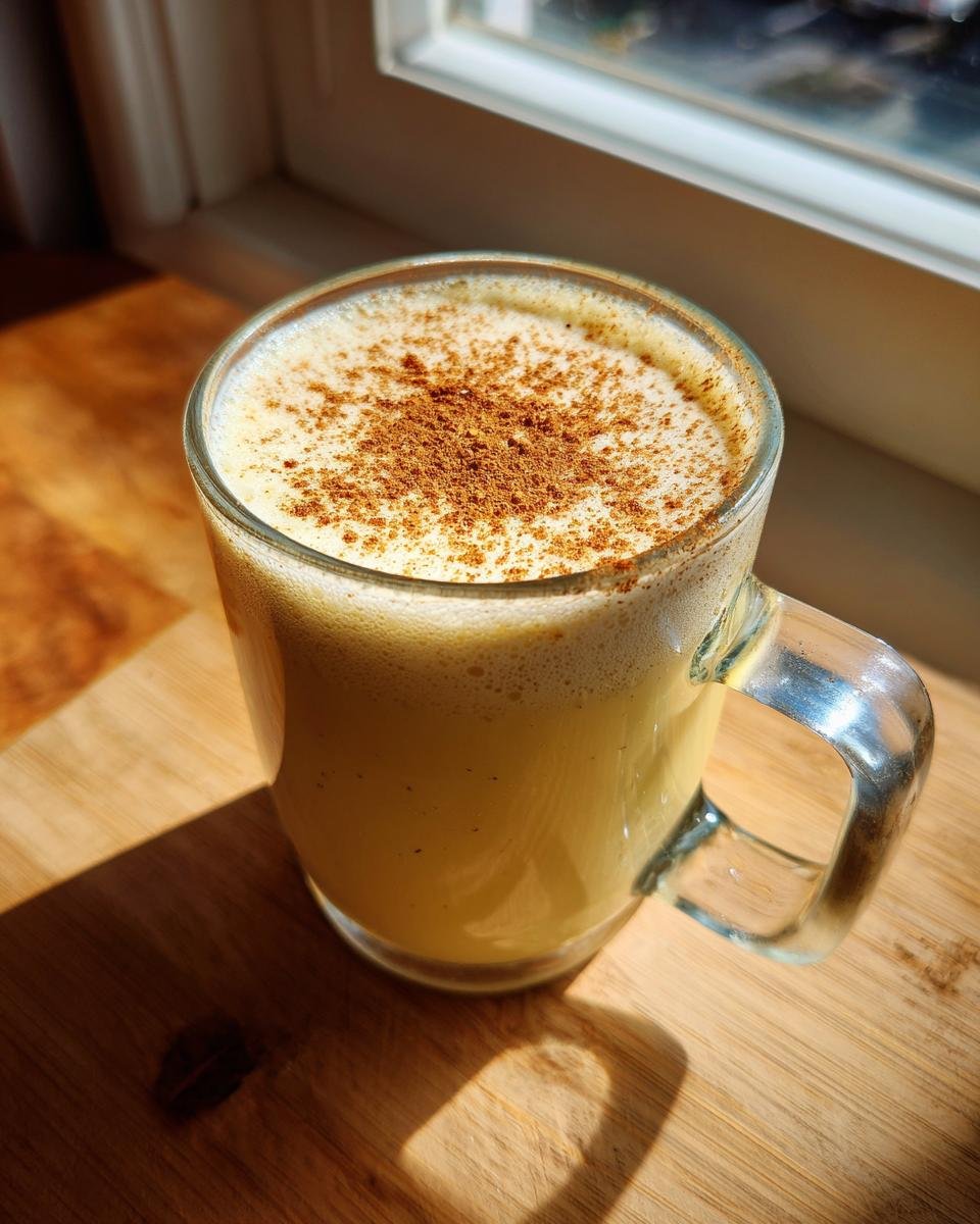 Ein Glas mit cremigem Homemade Eggnog, garniert mit Zimt, steht im Sonnenlicht auf einem Holzbrett.