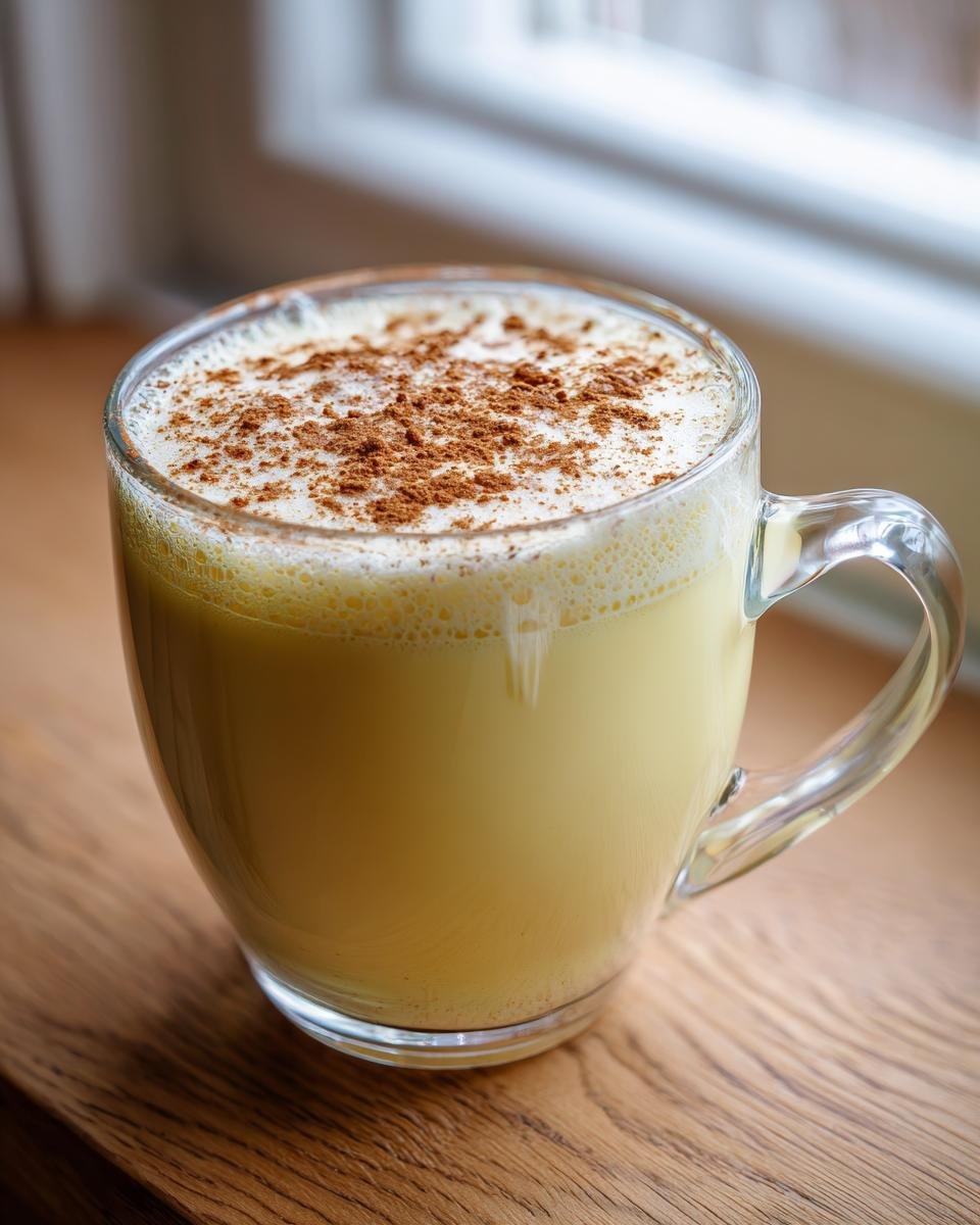 Nahaufnahme eines Glases mit cremigem Homemade Eggnog, bestreut mit Zimt.