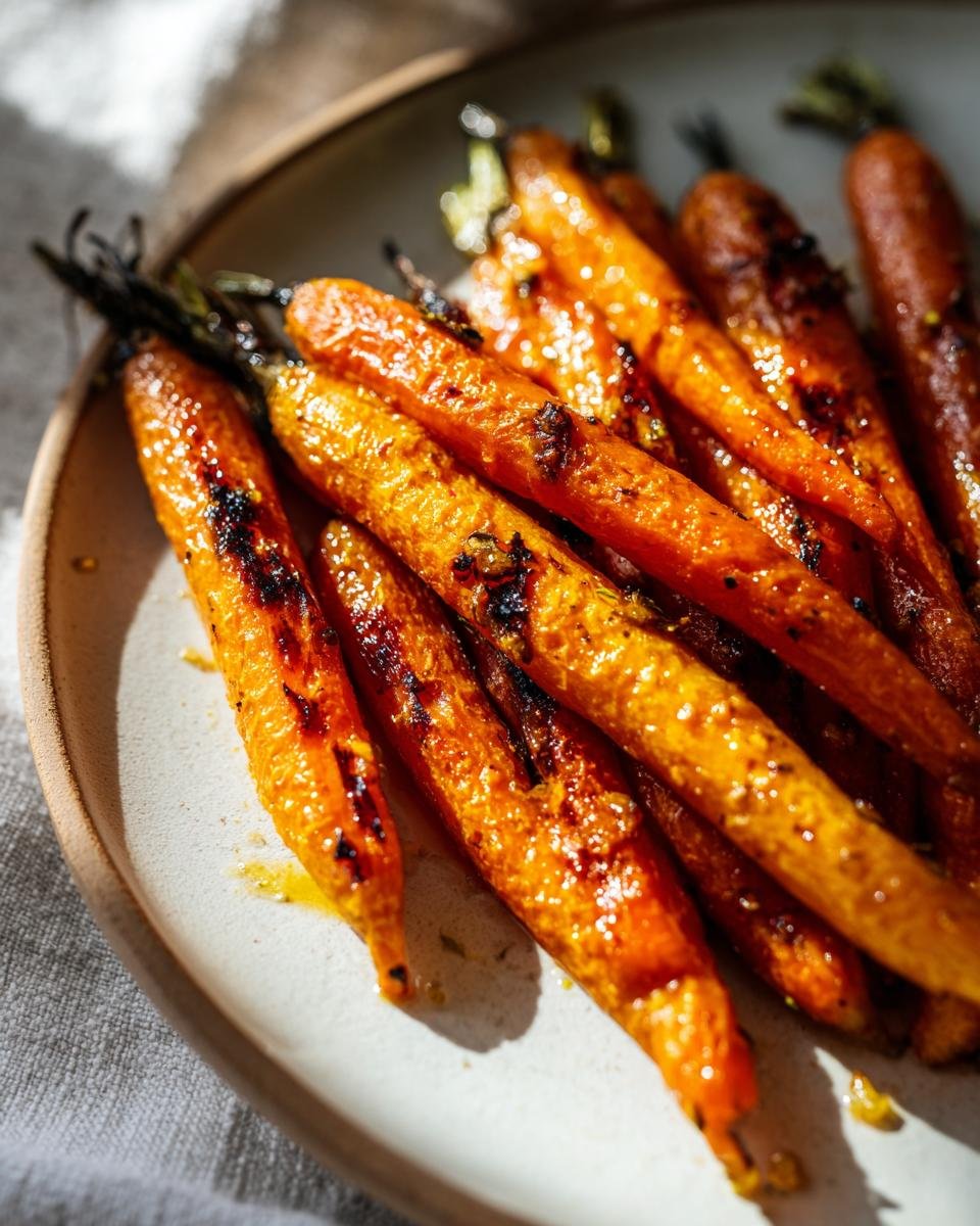 Nahaufnahme von glasierten, ger&ouml;steten Honey Garlic Butter Roasted Carrots auf einem hellen Teller.